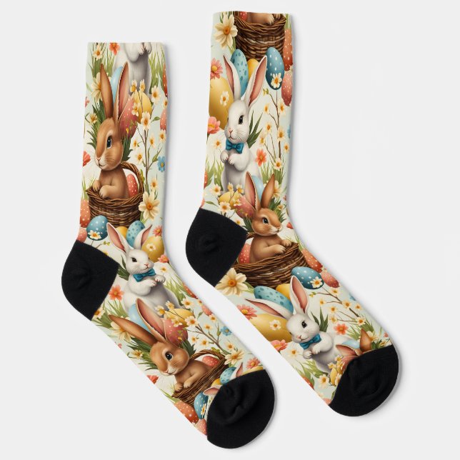 Colorful Bunnies Easter Eggs & Flowers Pattern Socks (Right)