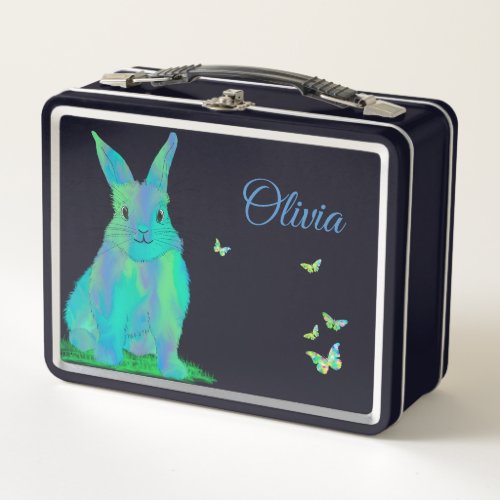 Colorful Bunny and Butterflies School Personalized Metal Lunch Box