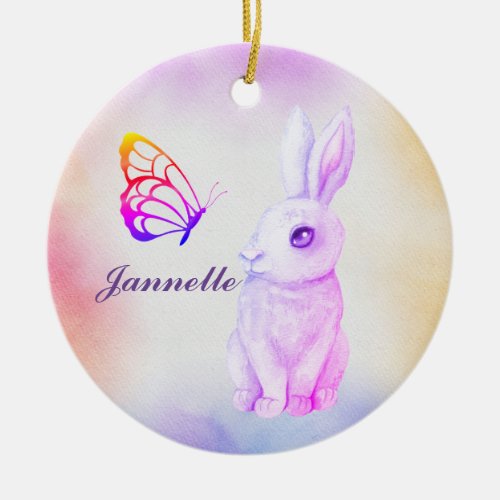 Colorful bunny and butterfly  ceramic ornament
