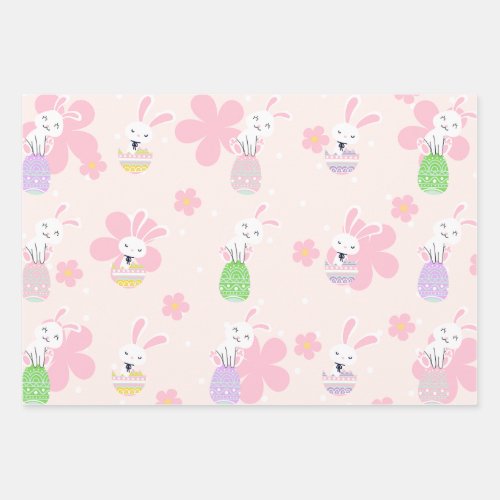 Colorful Bunny Easter Egg Flowers Pattern Wrapping Paper Sheets