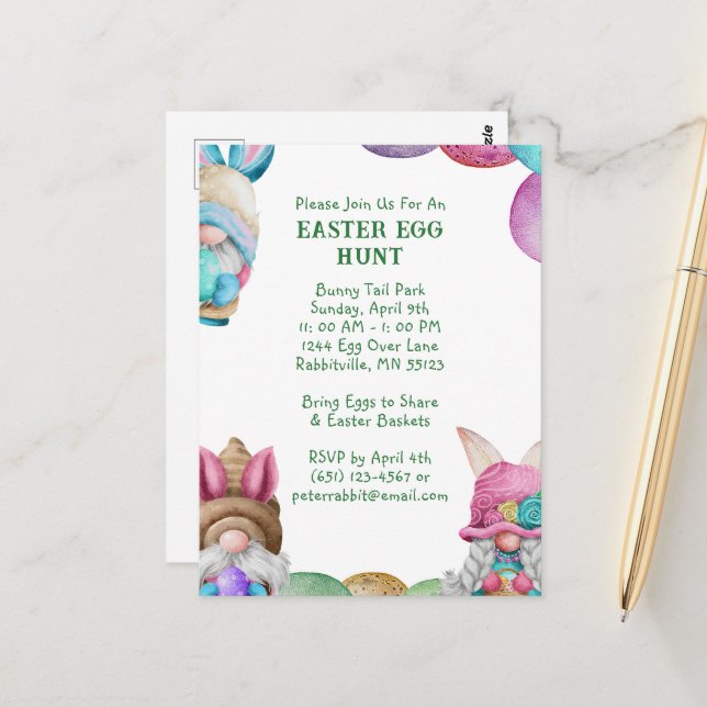 Colorful Bunny Gnomes Easter Egg Hunt Postcard (Front/Back In Situ)