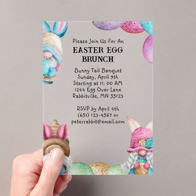 Colorful Bunny Gnomes & Eggs Easter Brunch Acrylic Invitations (Insitu (Handheld))