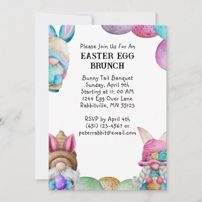 Colorful Bunny Gnomes & Eggs Easter Brunch Invitation (Front)
