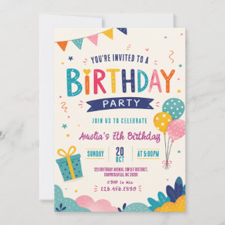 Colorful Bunting Balloons Kids Birthday Invitation