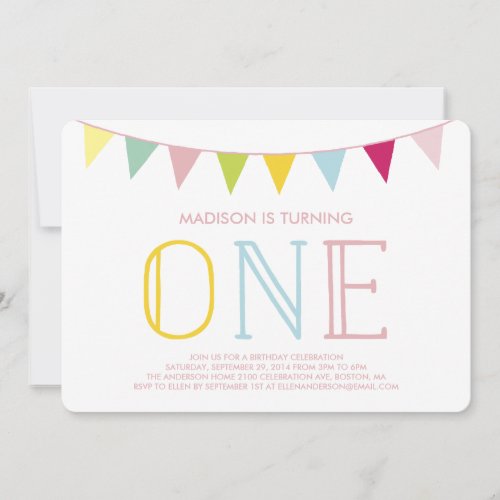 Colorful Bunting  First Birthday Invitation