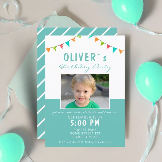 Colorful Bunting Flags Blue Photo Birthday Party Invitation (Creator Uploaded)