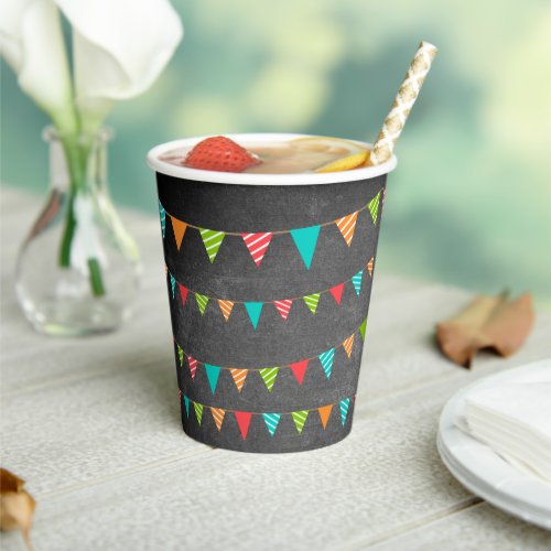 Colorful Bunting Flags Chalkboard Birthday Party Paper Cups