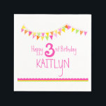 Colorful bunting kids 3rd birthday custom napkins<br><div class="desc">Customize these colourful buntings flag kids 3rd birthday party napkins with your girls name. Great to add a touch of personalization to kids third birthday parties. Pretty shades of pink,  yellow,  orange and lime green. Art and design by Sarah Trett.</div>