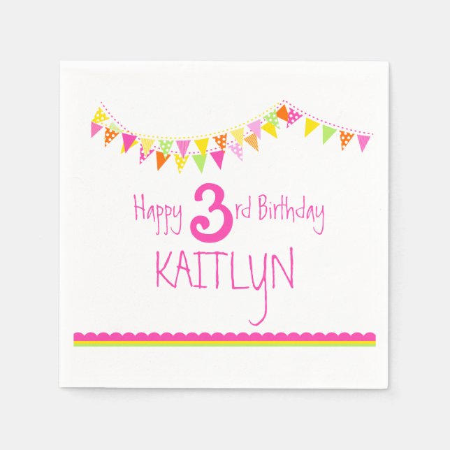 Colorful bunting kids 3rd birthday custom napkins (Front)
