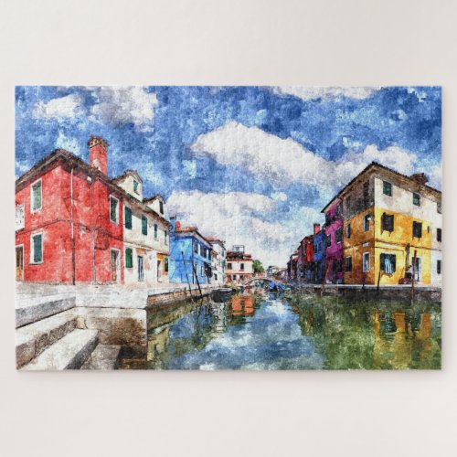 Colorful Burano Island In Venice Watercolor Art Jigsaw Puzzle
