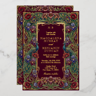 Colorful Burgundy Floral Garden Peacocks Wedding Foil Invitation
