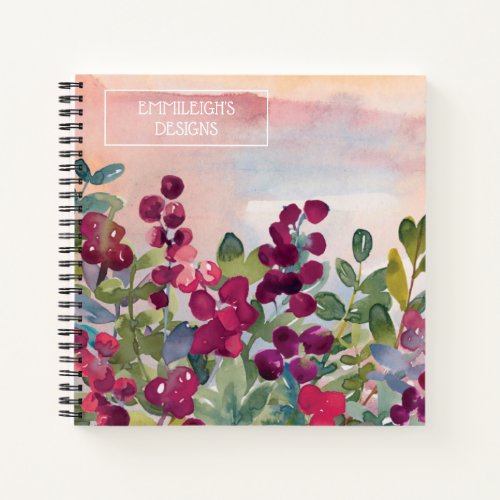 Colorful Burgundy Floral Green Leaves Pink Notebook