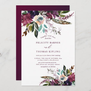 Colorful Burgundy Watercolor Floral White Wedding Invitation