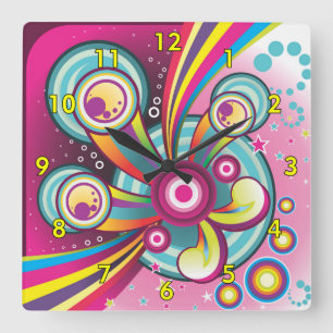 Colorful Bursting Rainbow, Bubbles and Stars Square Wall Clock