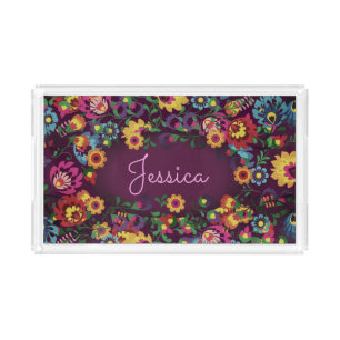 Colorful Busy Floral Pattern Purple Personalised Acrylic Tray