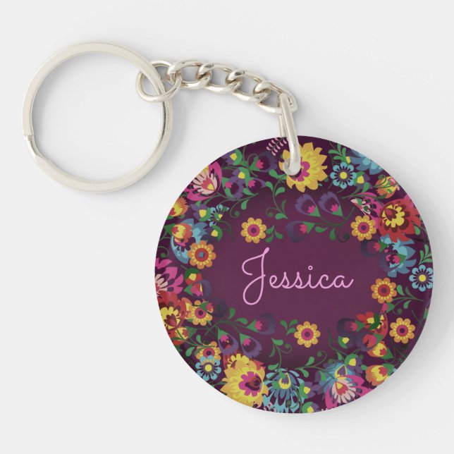 Colorful Busy Floral Pattern Purple Personalised Keychain (Front)