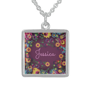 Colorful Busy Floral Pattern Purple Personalised Sterling Silver Necklace