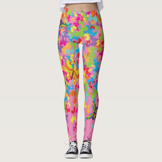 Colorful butterflies 01.bw Pink BG Leggings (Front)