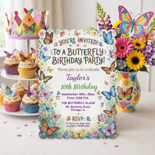 Colorful Butterflies 10th Birthday Party Invitation