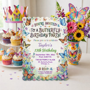 Colorful Butterflies 13th Birthday Party Invitation
