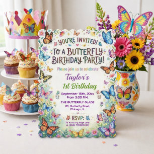 Colorful Butterflies 1st Birthday Party Invitation