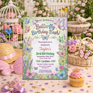 Colorful Butterflies 3rd Birthday Bash Invitation