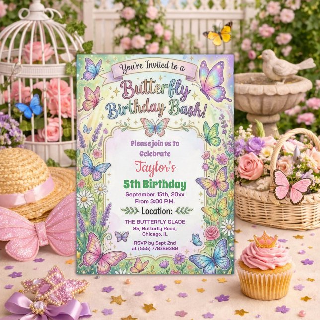 Colorful Butterflies 5th Birthday Bash Invitation (Creator Uploaded)