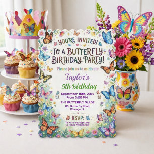 Colorful Butterflies 5th Birthday Party Invitation
