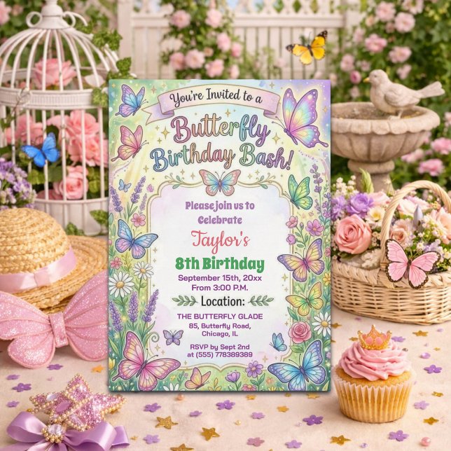 Colorful Butterflies 8th Birthday Bash Invitation (Creator Uploaded)