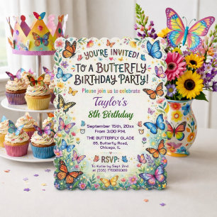 Colorful Butterflies 8th Birthday Party Invitation