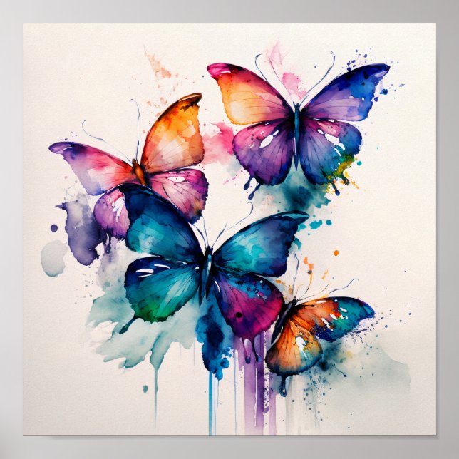 Colorful Butterflies Abstract Watercolor Poster (Front)