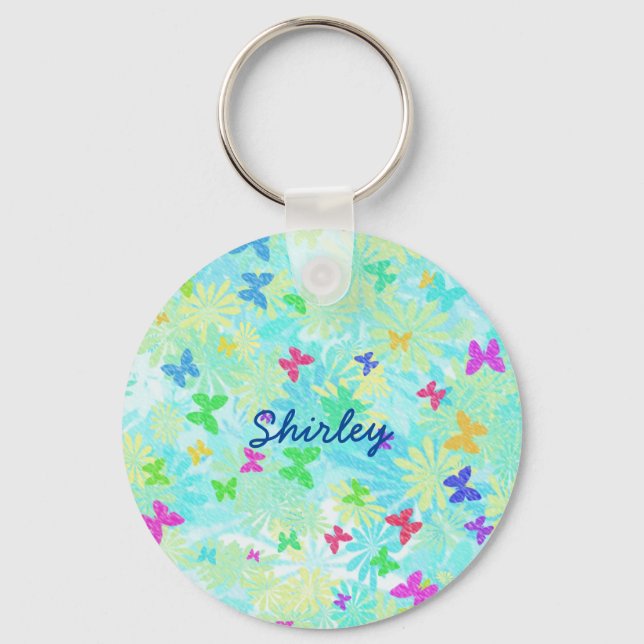 Colorful Butterflies and Daisies by Shirley Taylor Keychain (Front)