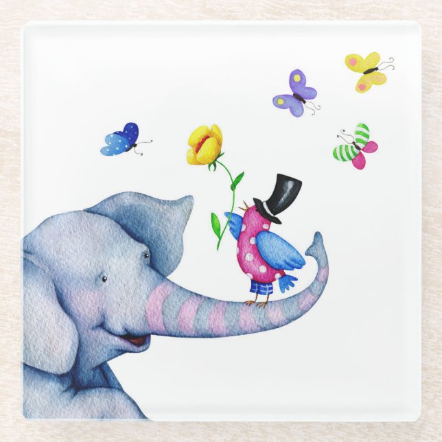 Colorful Butterflies And Elephant Glass Coaster (Front)