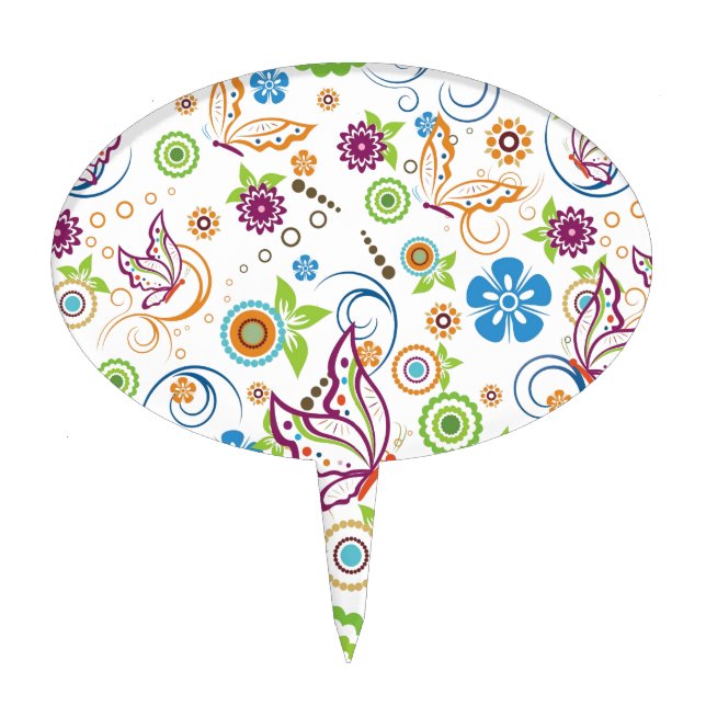 Colorful Butterflies And Flowers Pattern Cake Topper (Front)