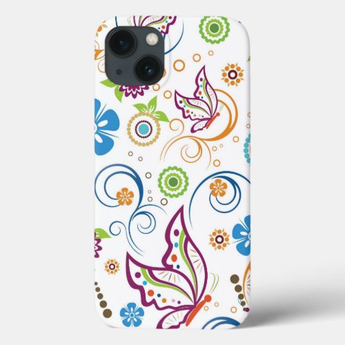 Colorful Butterflies And Flowers Pattern iPhone 13 Case