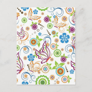Colorful Butterflies And Flowers Pattern Postcard