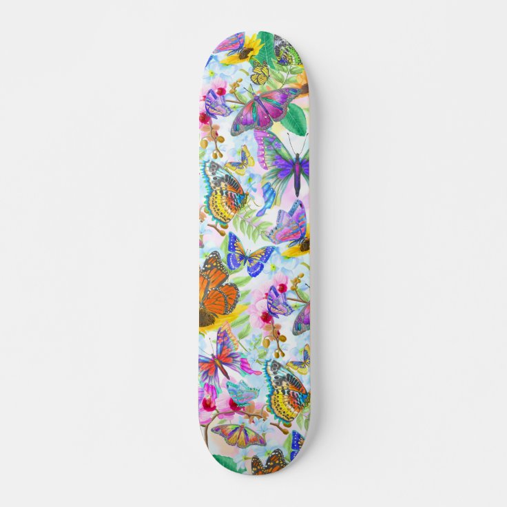 Colorful Butterflies and Flowers Skateboard | Zazzle