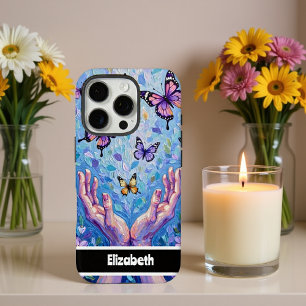 Colorful Butterflies and Hands Painted on Artistic iPhone 16 Pro Case
