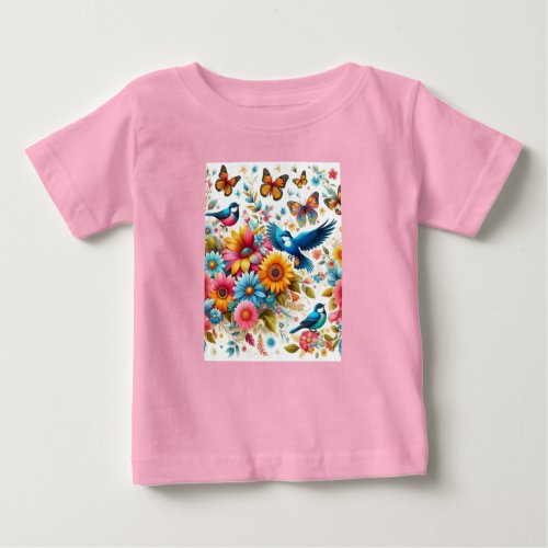 Colorful Butterflies Birds Flowers Pink Custom Baby T_Shirt