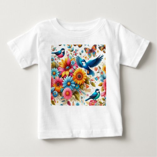 Colorful Butterflies Birds Flowers Template White Baby T_Shirt