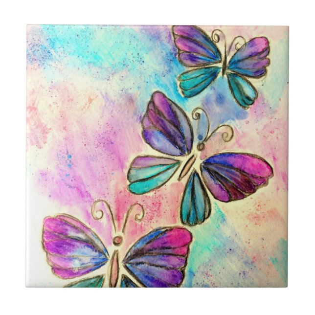 Colorful Butterflies Ceramic Tile - Watercolor (Front)