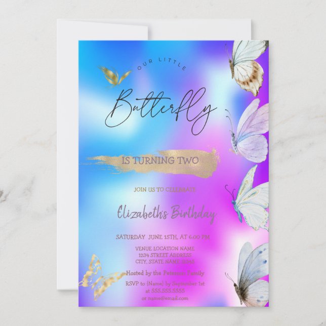 Colorful Butterflies Cool Holographic Birthday  Invitation (Front)