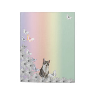 Colorful Butterflies, Daisies, and Tito the Cat Notepad