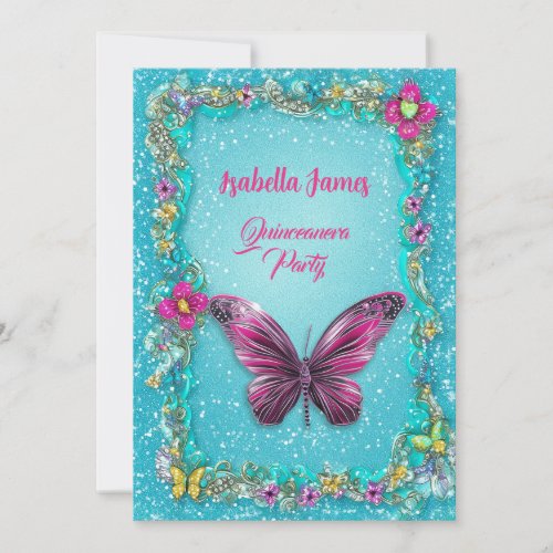 colorful butterflies floral turquoise magenta chic invitation