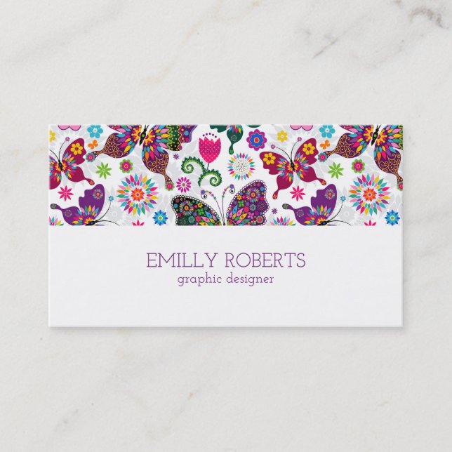 Colorful Butterflies Flowers Pattern Business Card (Front)