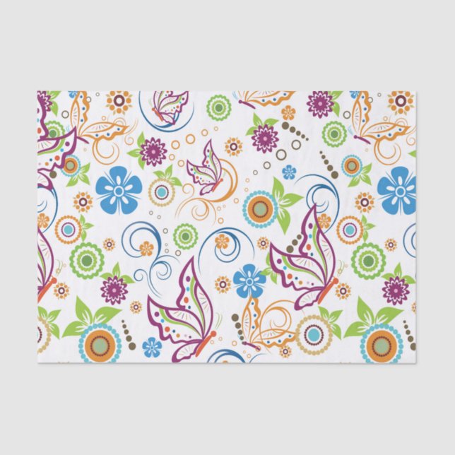 Colorful Butterflies & Flowers Pattern Monogramed Tissue Paper (Front)