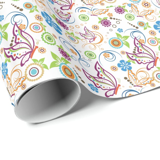 Colorful Butterflies & Flowers Pattern Monogramed Wrapping Paper (Roll Corner)