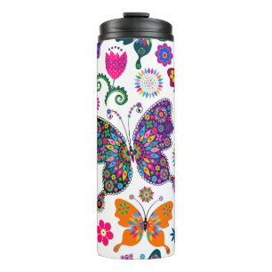 Colorful Butterflies & Flowers Pattern Thermal Tumbler