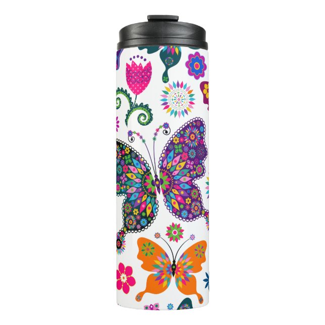 Colorful Butterflies & Flowers Pattern Thermal Tumbler (Front)