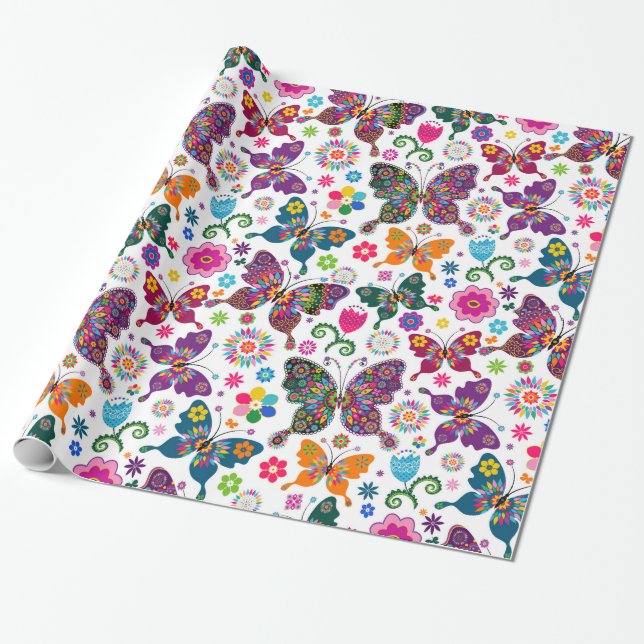 Colorful Butterflies & Flowers Pattern Wrapping Paper (Unrolled)